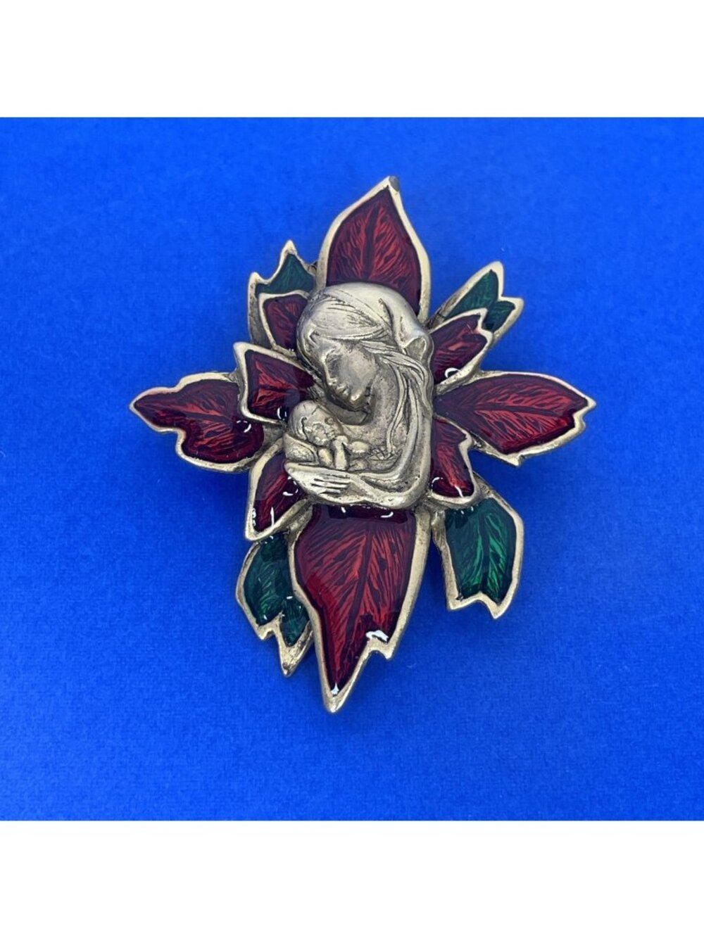 Vintage Poinsettia Brooch Pin Christmas Mary Jesus Red Green Enamel Flower